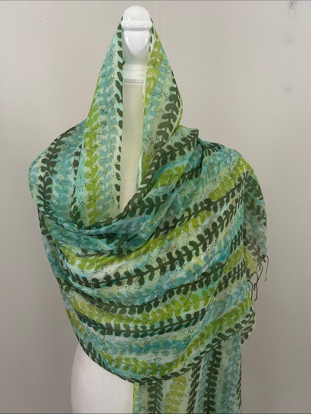 Scooter Bijon Green/Aqua Leaf-Print Cotton/Silk Wrap/Scarf